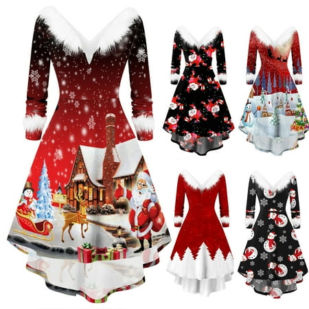 

UDIYO Women s V Neck Vintage Dress Santa Claus Long Sleeve Casual Swing Party Tea Dress S-XXL for Festival
