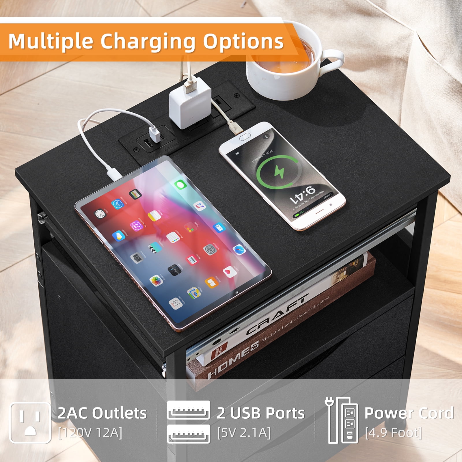 LELELINKY End Table with 2 Drawers Bedside Table with Charging Station & 7 Color LED Light, End Table with Storage Shelf for Living Room, Black