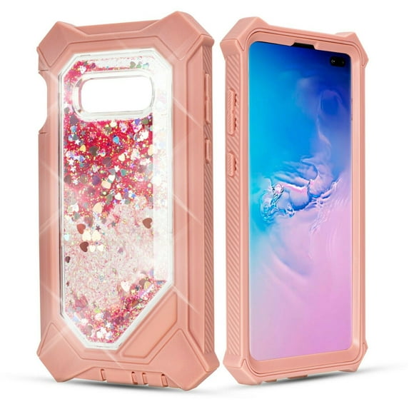 for Samsung Galaxy S10 Plus HD Glass and Full Protection Hard TPU Liquid Glitter Bling Sparkling Cute Woman Girl Case Phone Case PU Shock Bumper Scratch Guard Skin Slim Cover (Rose Gold)