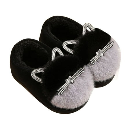

Povozer Girls Slippers Slip on Winter House Shoes Anti-Slip Soft Fleece Slipper(Black 7.5)