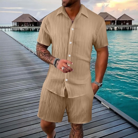 Men's Tropical Vacation Short Sleeve Button Down Shirt and Shorts Matching Set Summer Beach Casual Wear Light Brown M