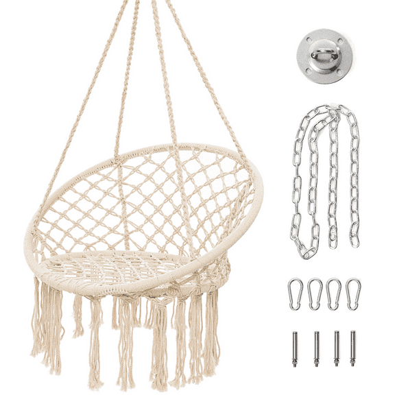 Garpans Hammock Chair Macrame Swing Hanging Chair with Handwoven Tassel Max 330Lbs for Indoor Outdoor Terrace Balcony Garden Beige