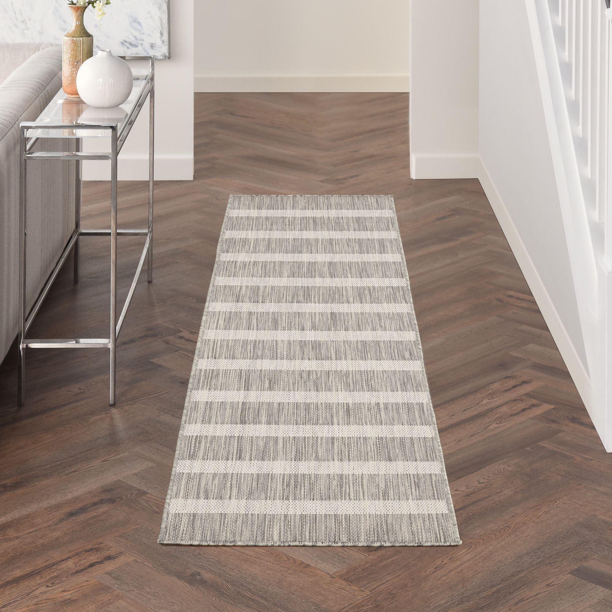 Nourison Positano Modern Stripes Flatweave Outdoor Rug Grey Ivory 2' x 6'
