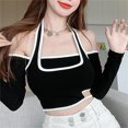 thumbnail image 4 of xiaxaixu Female Crop Tops, Off Shoulder Long Sleeve Fake Two Pieces T-Shirt, 4 of 7