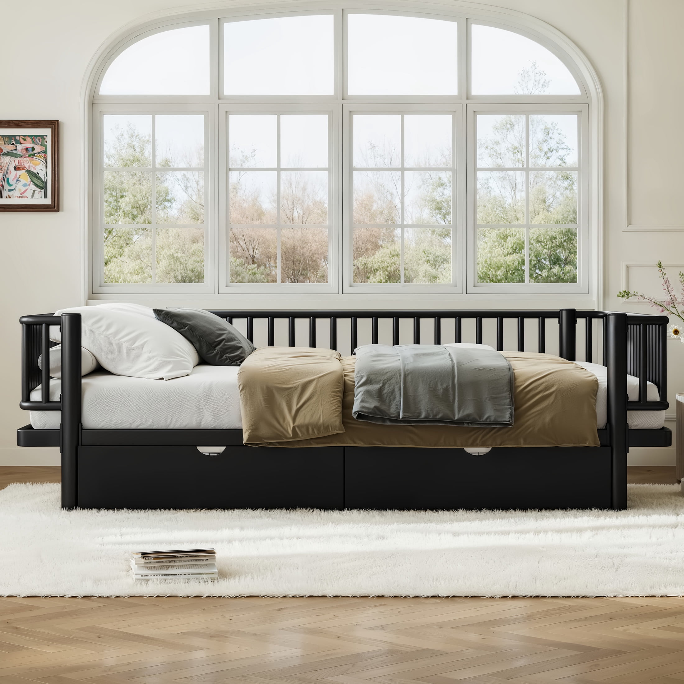 Noble House Queen Size Platform Bed with Storage Drawers, Daybed Frame with Round-Pipe Design, Black