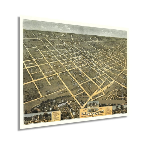 Vintage 1871 Lexington KY Map Poster Vintage Lexington Kentucky Map - Old Lexington Map - Bird's Eye View of Lexington Fayette County Kentucky Looking South West