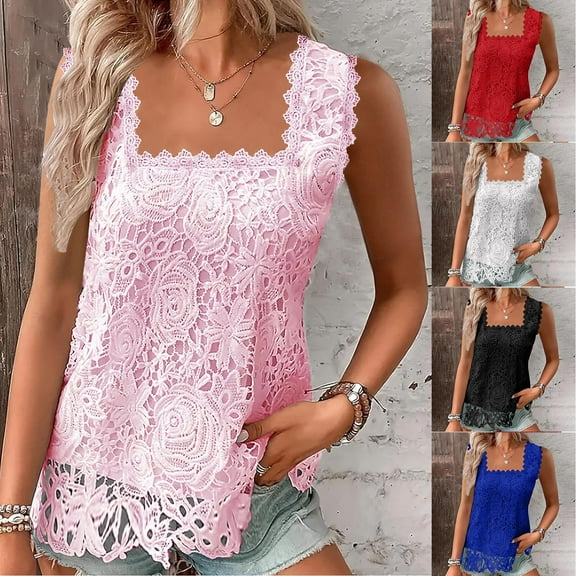 Nfurl Boho Floral Tank Tops for Women Elegant Embroidered Shirts Casual Square Neck Shirt Blouse Loose Fit Sleeveless T Shirts Solid Color Cozy Blouses