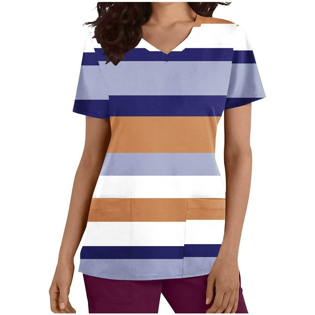 Cameland Uniformes d'Infirmière Tuniques de Sarrau pour Femmes Manches Courtes Tuniques de Sarrau pour Femmes Hauts à Col en V pour Femmes Uniforme de Travail Rayures Imprimées Poches Blouse