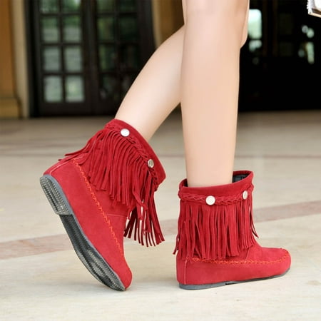 

Tejiojio Clearance Women s Retro Shoes Casual Fashion Solid Color Fringed Frosted Suede Flat Inner Height Ankle Boots