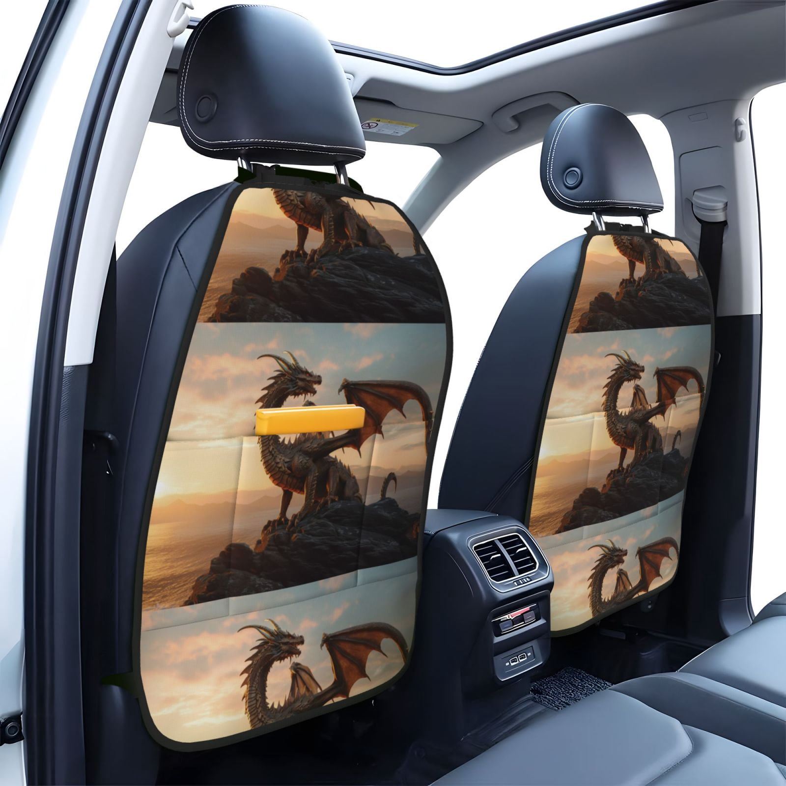 Xecao Sky Sunset Bronze Dragon Pattern Car Seat Back Protector 2 Pack Large Capacity Pocket, Kick Mats Back Seat Protector