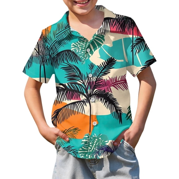 Abcomgle Hawaiian Shirt for Boys 5 6 Button Down Short Sleeve Funny Hawaiian Shirt Summer Palm Tree Print Tourist Hawaiian Clothes for Boys,Turquoise,9-10Years