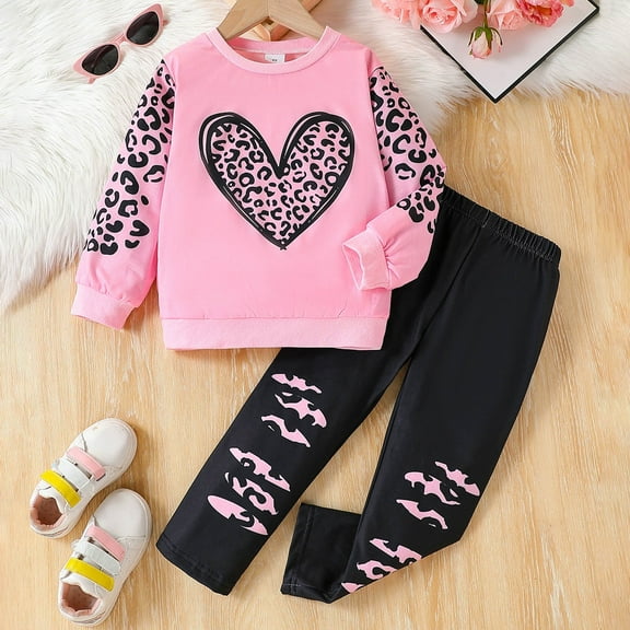 GBSYEWXS Toddler Child Girls Outfits Sets Crew Neck Long Sleeve Heart Print Sweatshirt Pants 2025 Cool Clothing Set Red Size 3 Years-4 Years