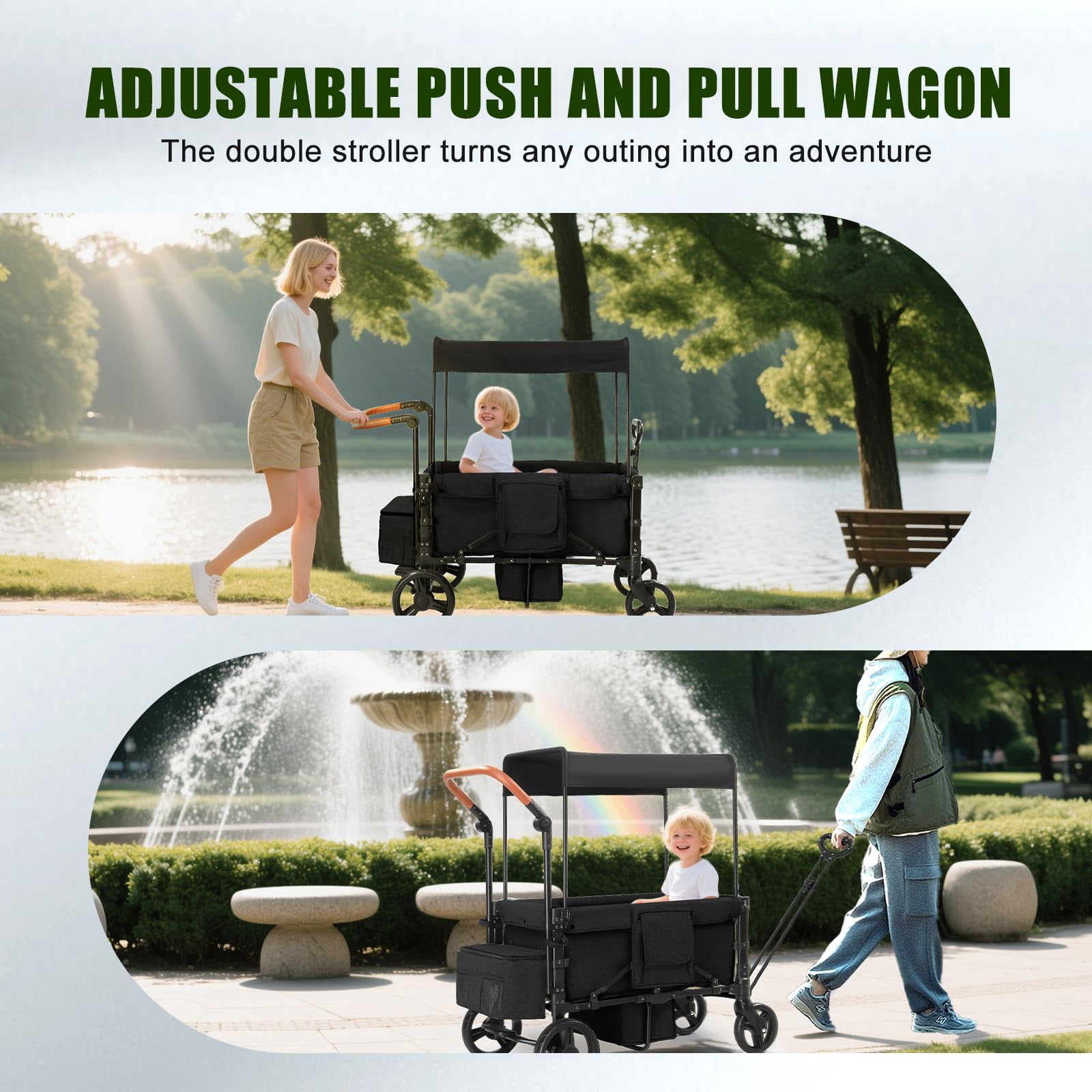 Wagon Stroller for 2 Kids, 3 in 1 Push and Pull Foldable Wagon with Footwell, All-Terrian Wheels, Includes Adjustable Canopy, Ample Organizer, 5 Point Harness (Black)