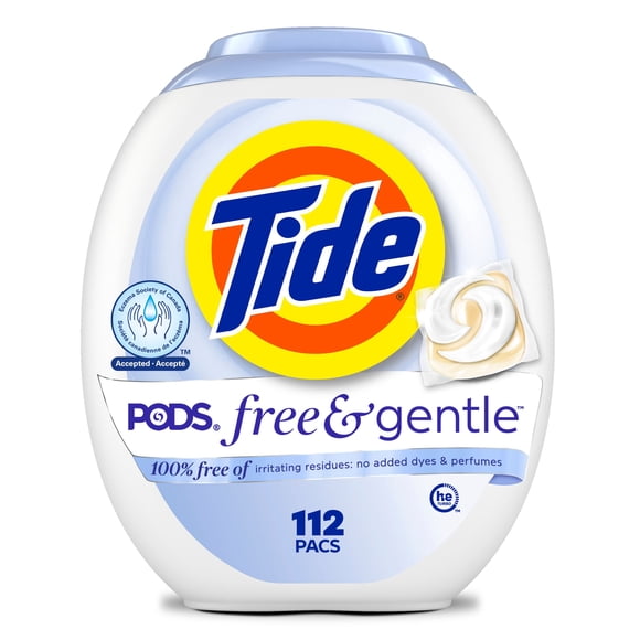Tide PODS Free & Gentle Liquid Laundry Detergent Pacs, HE Compatible and Coldwater Clean, 112 Count
