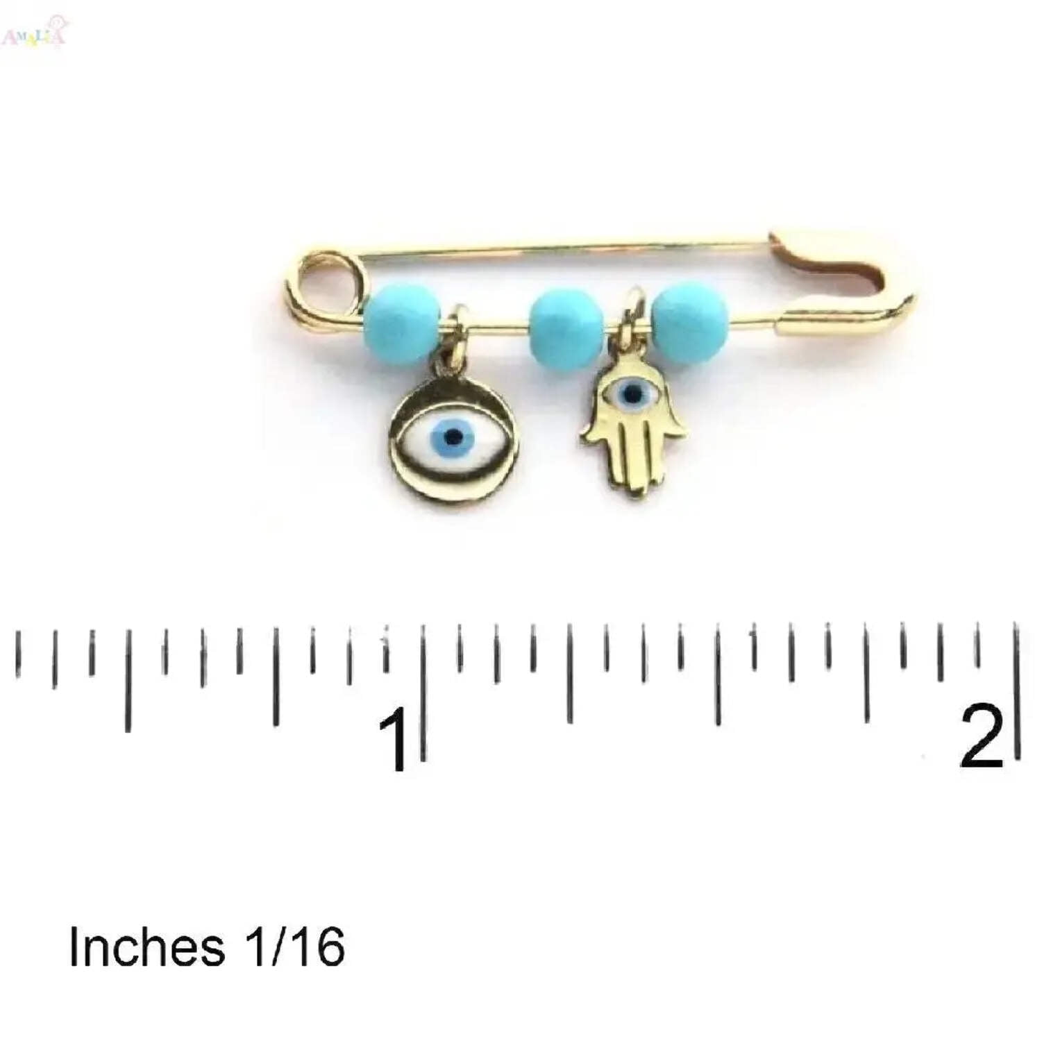18K Solid Yellow Gold Enamel Hamsa Hand and Evil Eye Turquoise Safety Pin