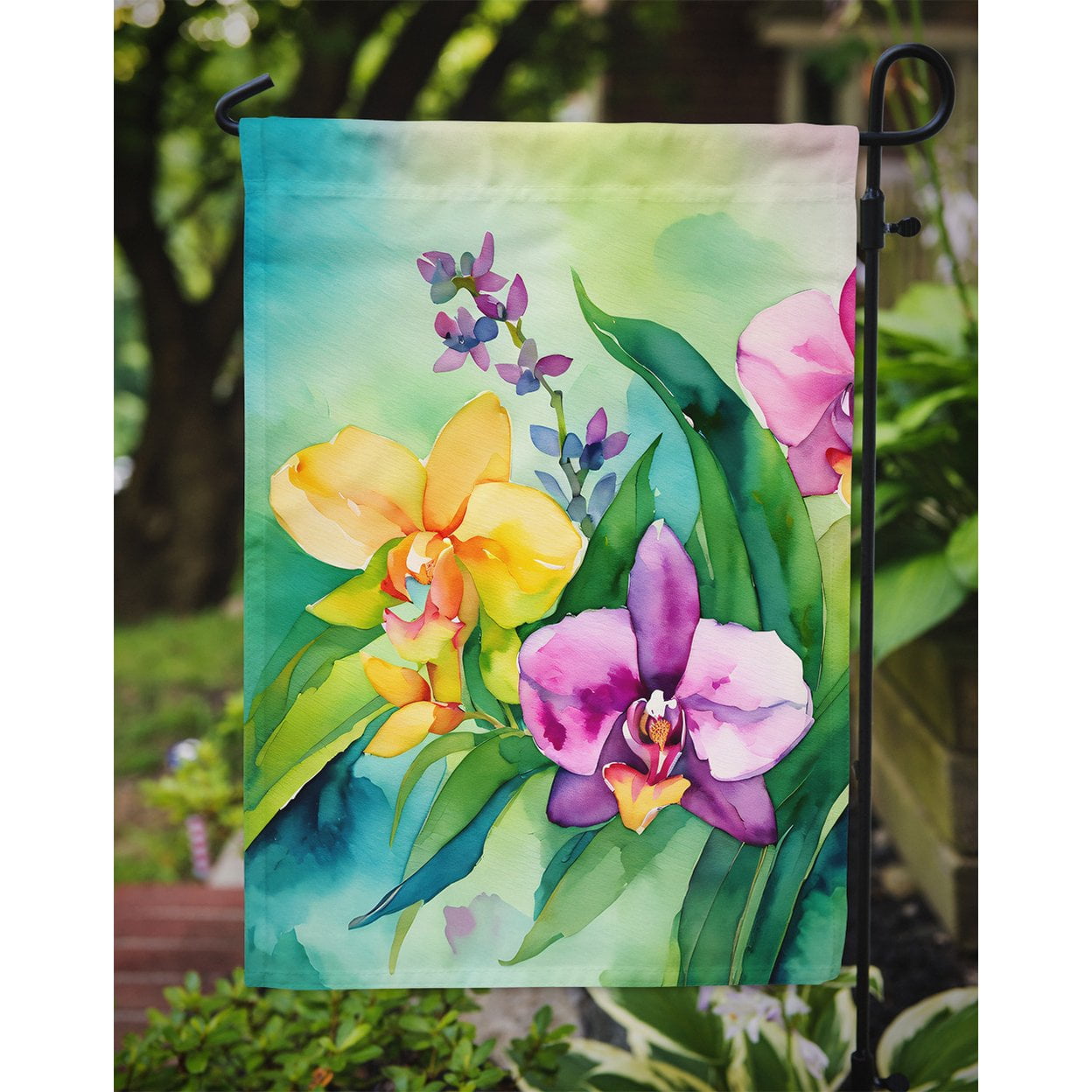 Orchids in Watercolor Garden Flag 11.25 in x 15.5 in