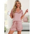 thumbnail image 3 of DARING DIVA Silky Satin Short Sleeve Shorts Set V Neck Lounge Pajama Set XS Pink, 3 of 6