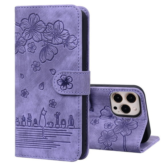 Allytech iPhone13 case , Wallet Card Cash Slots CUTECAT STYLE PU Premium Leather Magnetic Flip Kickstand Shockproof Ultra-Slim Cover for iPhone 13 6.1 inch,Purple