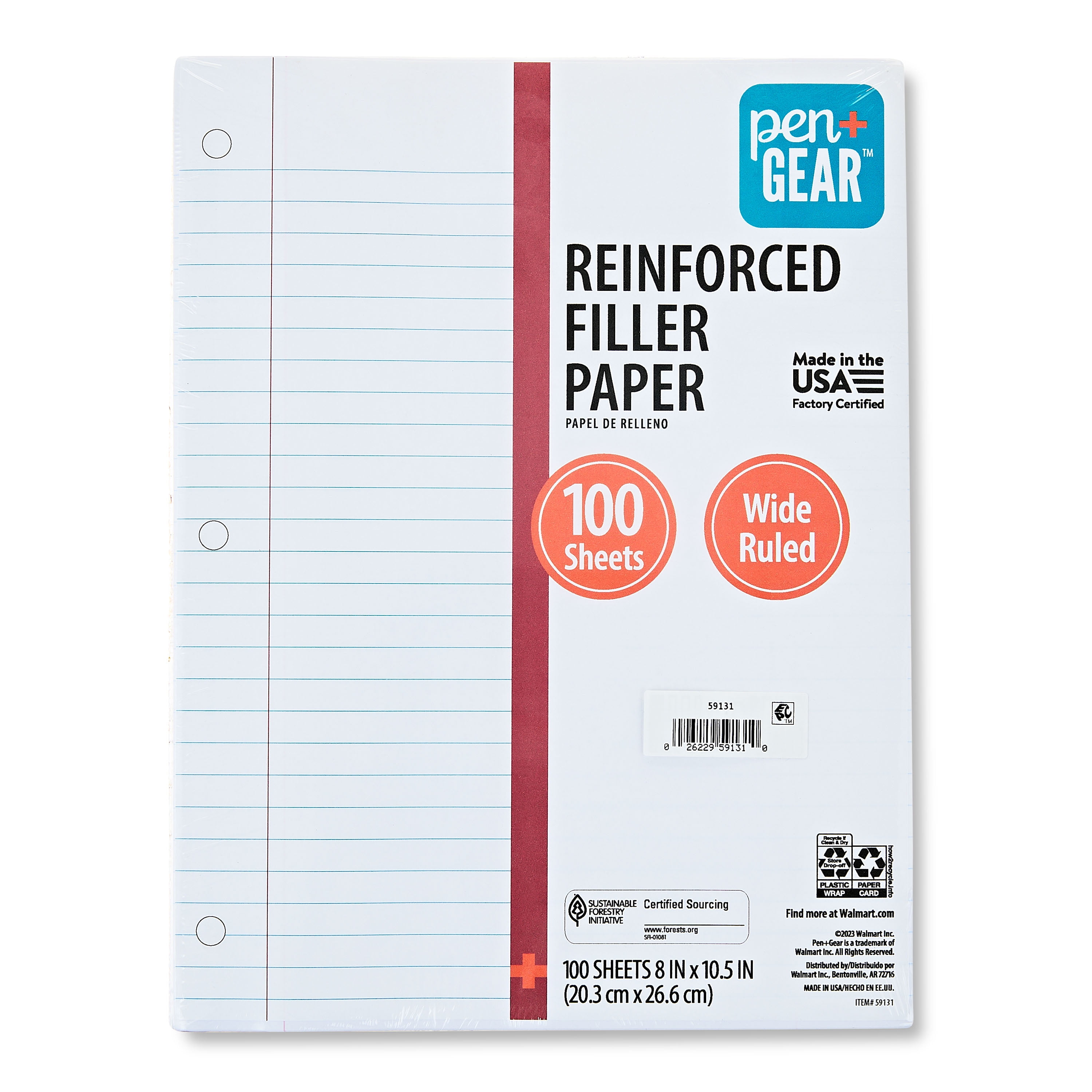 (2 pack) Pen+Gear Wide Ruled Reinforced Filler Paper, 8" x 10.5", 100 Sheets
