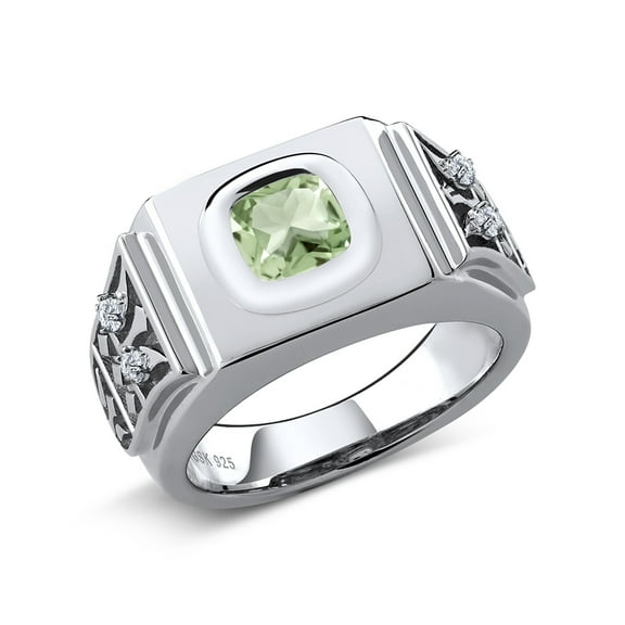 Gem Stone King 925 Sterling Silver Men's Ring Cushion Green Prasiolite and Moissanite (2.08 Cttw, Size 8)
