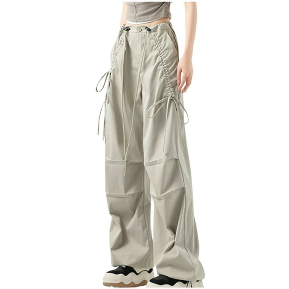 Cameland Parachute Pants for Women Y2K Baggy Cargo Pants Multi-Pockets Drawstring High Rise Pants Wide Leg Joggers Trousers Streetwear