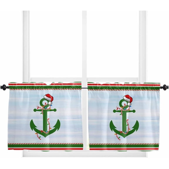 Christmas Nautical Kitchen Curtain 2 Panels Tiers Curtains 36 Inch Length, Blue Xmas Red Green Striped Curtains Rod Pocket Curtains Window Drapes Treatment Window Cafe Curtains