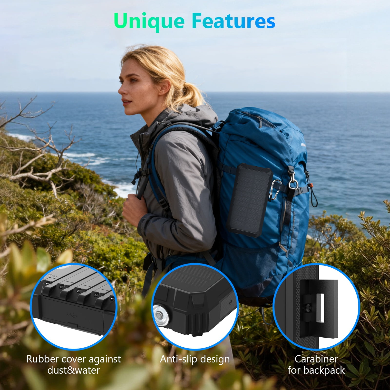 CATGOOD 20000mAh Solar Power Bank, 22.5W Fast Charging Portable Charger with 4 Built-in Cables & 10W Wireless Charging, Travel Battery Pack with Camping Flashlight(Black)