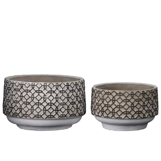 Benjara BM208754 Cement Pot with Octagonal Interlocked Pattern, Black & Brown - Set of 2