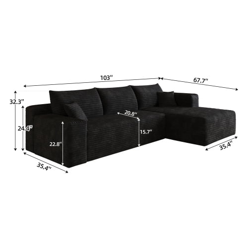 103" Cloud Sectional Sofa, Modern L Shaped Deep Seat Couch, Plush Corduroy Upholstered Sofa No Assembly, Living Room