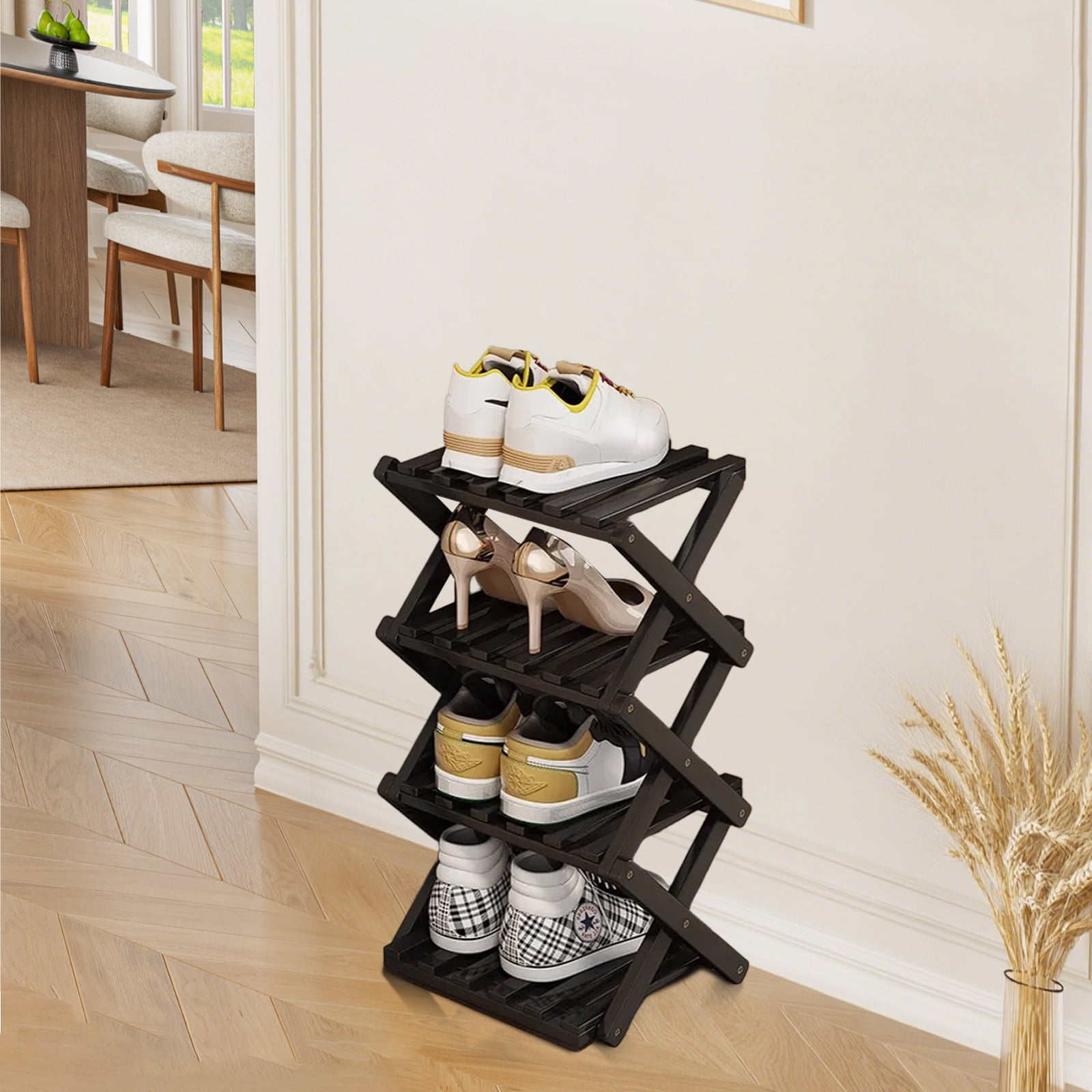 YUCHANG Foldable Shoes Rack,Bamboo Shoes Organizer for Entryway ,Free Standing Rack,4-Layers ,Black