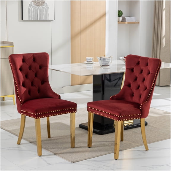 JERFIT Modern Velvet Dining Chairs Set of 2, Burgundy Upholstered Side Chairs with Gold Legs and Nailhead Trim for Kitchen Dining Room