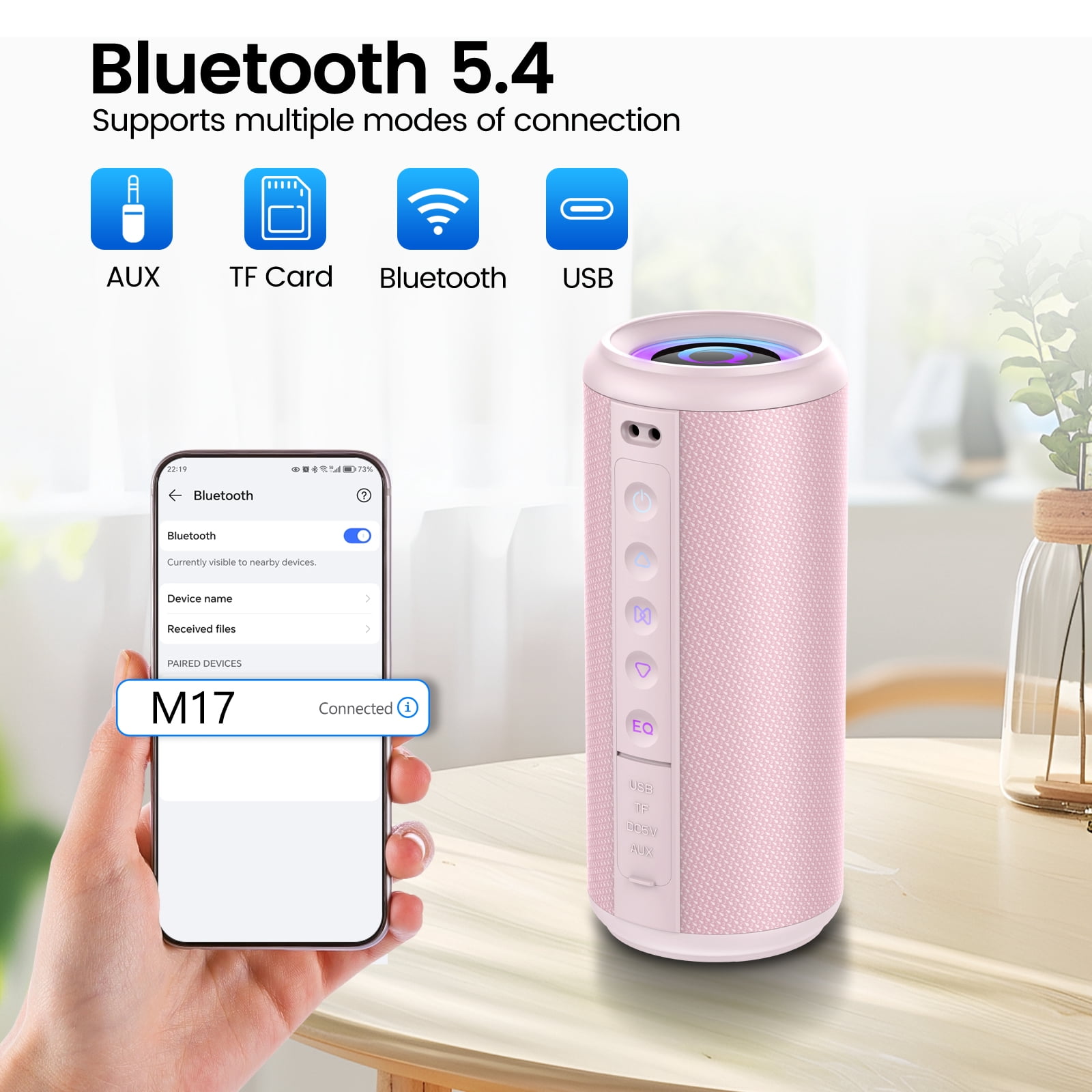 Cillso Portable Bluetooth Speaker, 2026 Bluetooth 5.4, 20W HD Stereo Sound, 20H Playtime, RGB LED Lights, IPX7 Waterproof, TWS Pairing, Wireless Outdoor Speaker for Home, Party, Camping (Pink)