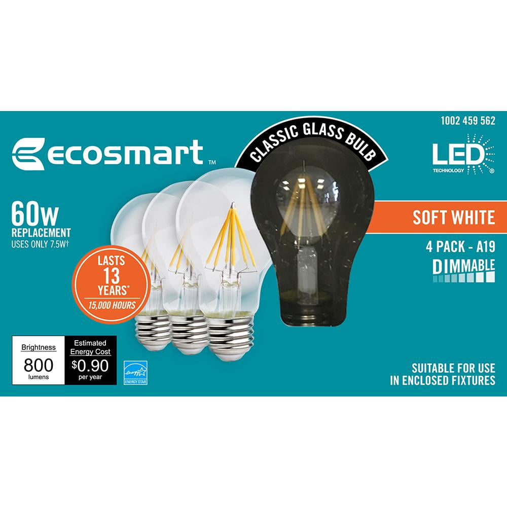EcoSmart 60-Watt Equivalent A19 Dimmable LED Light Bulb Bright White 4 Pack 