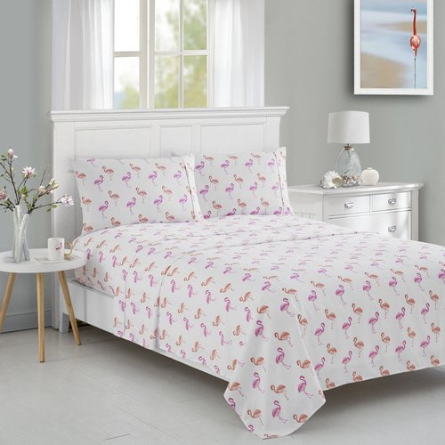 Elegant Comfort Ultra-Soft Double Brushed 6-Piece Microfiber Sheet Set Beautiful Tropical Patterns, and Vibrant Solid Colors, Luxury, All-Season Bed Sheet Set - Flamingo, Queen