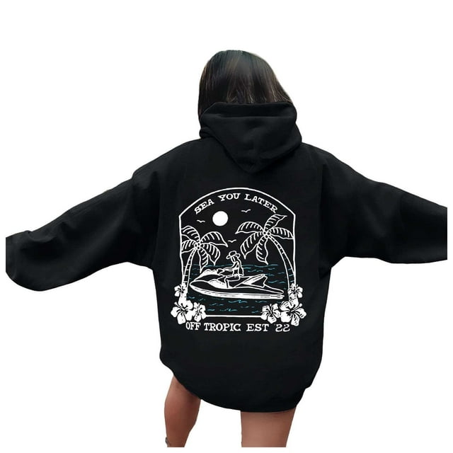 Sweat à Capuche Imprimé Lettre pour Femmes Manches Longues avec Poches