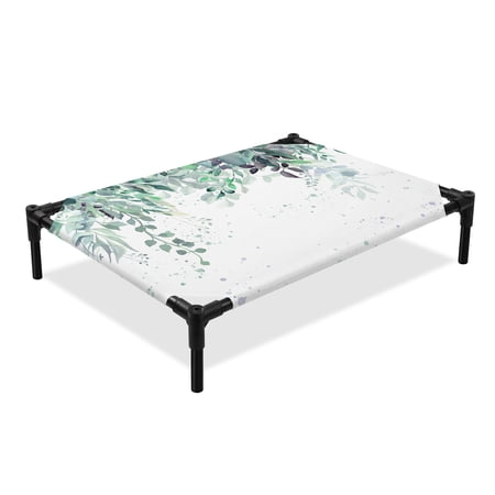 Rustic Watercolor Elevated Dog Bed Spring Green Eucalyptus Leaves Cooling Breathable Outdoor Raised Dog Cot Bed with Metal Frame Non-Slip Feet for Medium Dog 24x20in