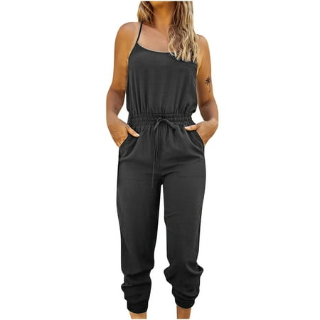 

Women Summer Casual Sexy Sleeveless Off Shoulder Backless Sling Solid Lacing Jumpsuit Lady Baggy Rompers Overalls Female Dungarees Romper Playsuit