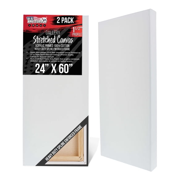 U.S. Art Supply 24 x 60 inch Gallery Depth 1-1/2" Profile Stretched Canvas, 2-Pack - 12-Ounce Acrylic Gesso Triple Primed, - Professional Artist Quality, 100% Cotton