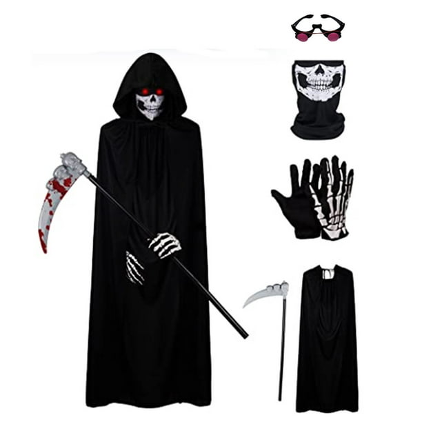 Gupgi Kid Adult Halloween Grim Reaper Costume, Robe+Glowing Red Eyes  Glasses+Scythe+Facewear+Gloves 