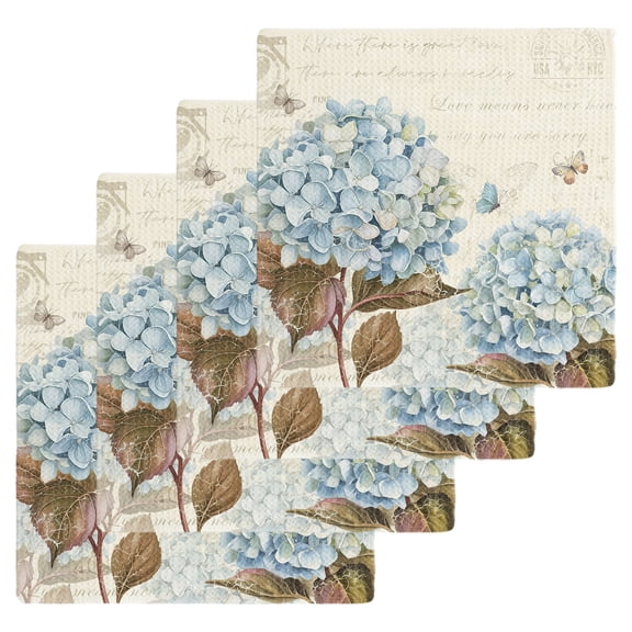 Blue Hydrangea Kitchen Dish Towels for Drying Dishes Set of 4, Spring Floral Leaves Butterfly Vintage Beige Waffle Weave Microfiber Hand Tea Bathroom Towels Quick Dry & Absorbent Towel 12x12