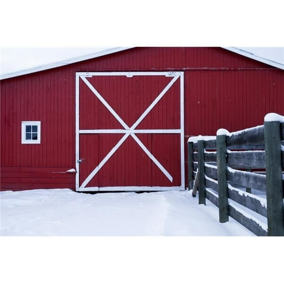 Red Barn with Snow Poster Print, Large - 34 x 22