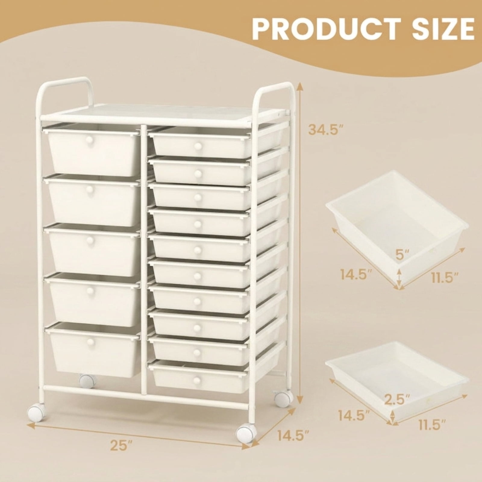 Furnibear 15-Drawer Utility Rolling Organizer Cart Multi-Use Storage for Home Office Craft Room Classroom, White