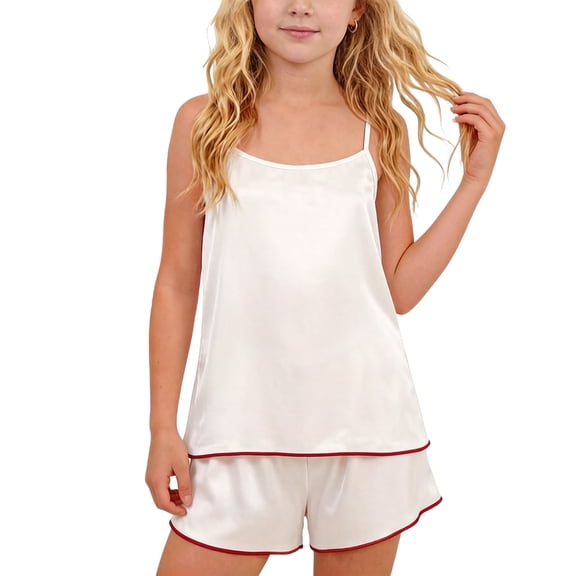 BLVB Girls Satin Pajamas Set Sleeveless Camisole Tank Top and Shorts 2 Piece Sleepwear Summer Pjs Outfits for Kids(White,13-14Years)
