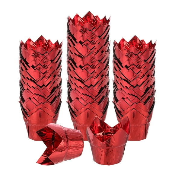 Uxcell 100 Pcs Tulip Cupcake Liners, Muffins Liners Aluminum Foil Cupcake Wrappers Baking Cups Muffins Liners for Wedding Birthday Party Supplies, Red