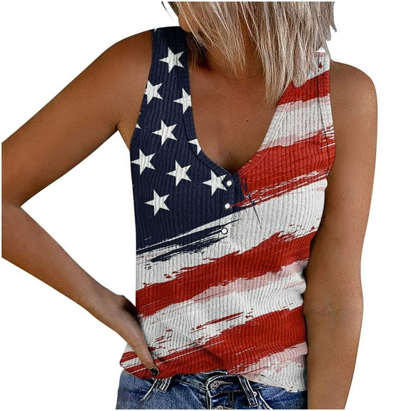 Cqxid525 Loose Fit Tees Blouses American Flag Tank Top Women 4th of July Shirts Button V Neck Knit Ribbed Tops Casual Coloful Printed Patriotic Tees 2025 Trendy T Shirts Summer Clothes