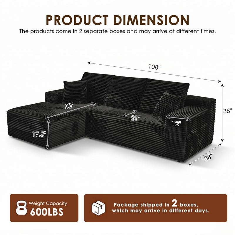 avobird 107" Boneless Cloud Modular Sectional Sofa Couch with Left Side L-Shape Chaise,Modern Corduroy Upholstered Couches for Living Room Bedroom,Deep Seat Corner Couch, Black