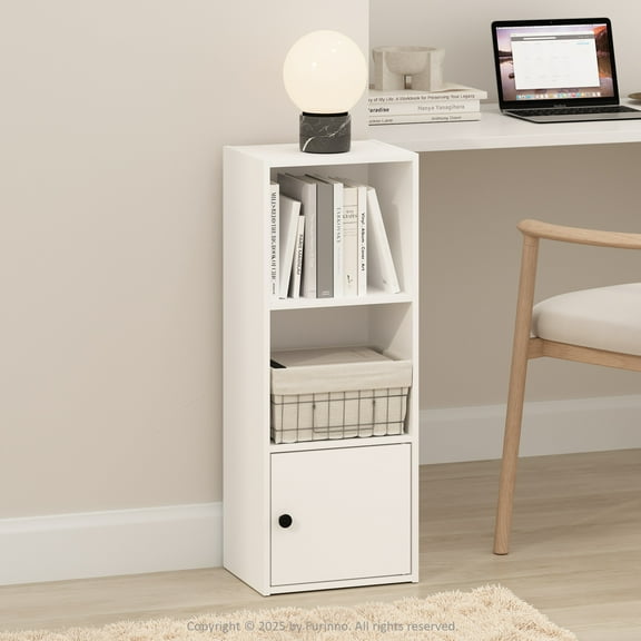 Furinno Luder 3-Tier Standing Shelf Bookcase with 1 Door Storage Cabinet,, White