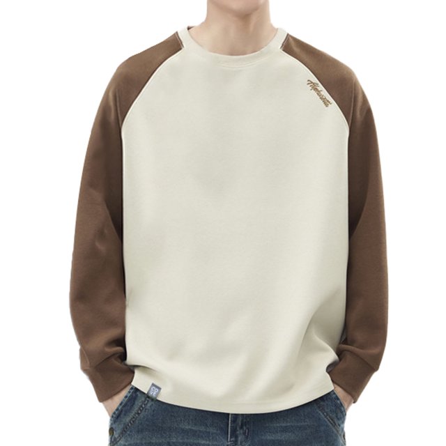 Ediodpoh Male Patchwork Contrasting Raglan Sleeve Round Neck Sweatshirt with Inner Long Sleeves Sweatshirt for Men Coffee M