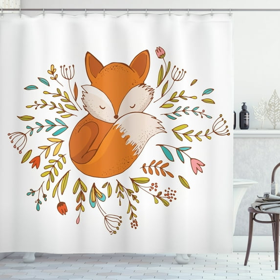 Ambesonne Cartoon Shower Curtain, Fox Flowers, 69"Wx75"L, Dark Orange White
