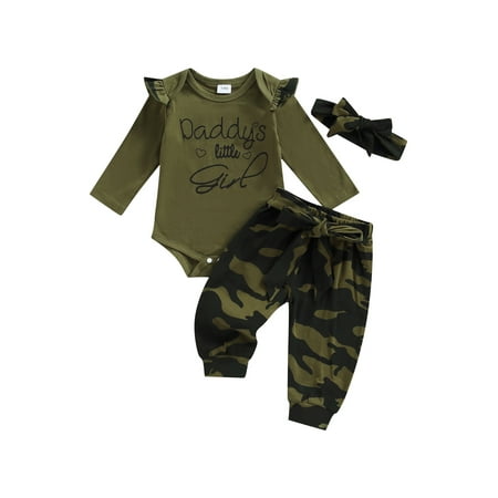 

Meihuida Infant Baby Girls Clothes Set Letter Print Ruffle Trim Long Sleeve Romper Camouflage Long Pant with Headband